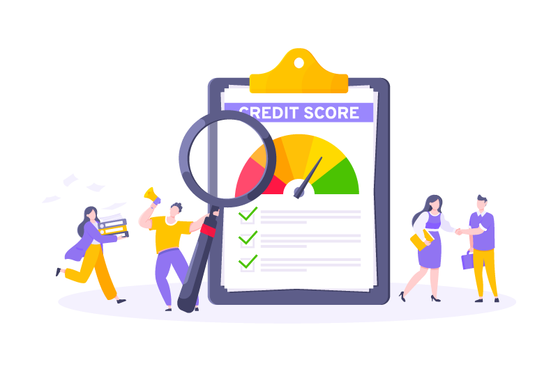 Illustration of people standing around a clipboard with a credit report